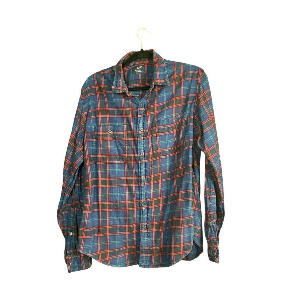 J Crew Flannel Shirt Slim Pockets Cotton Plaid Blue Green Red L Grunge Unisex